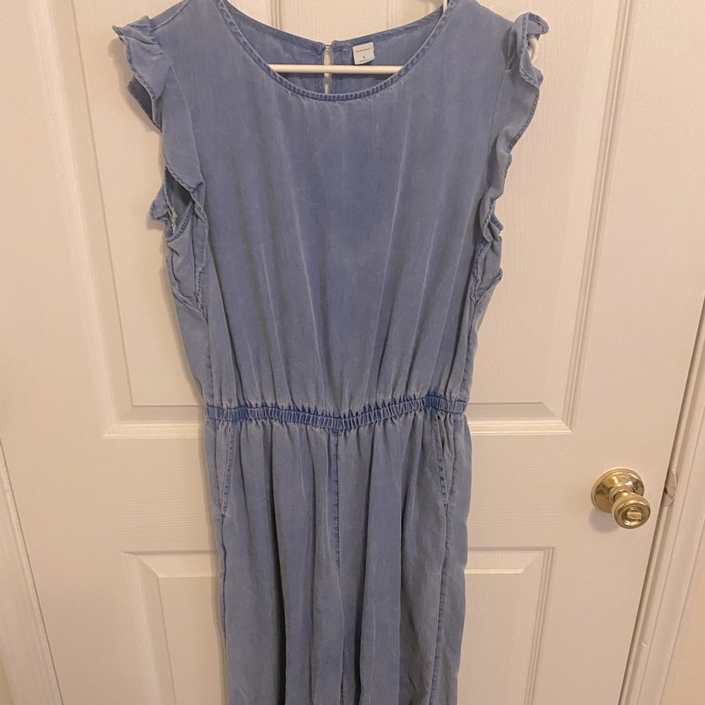 Chambray ruffle cap sleeve jumpsuit
